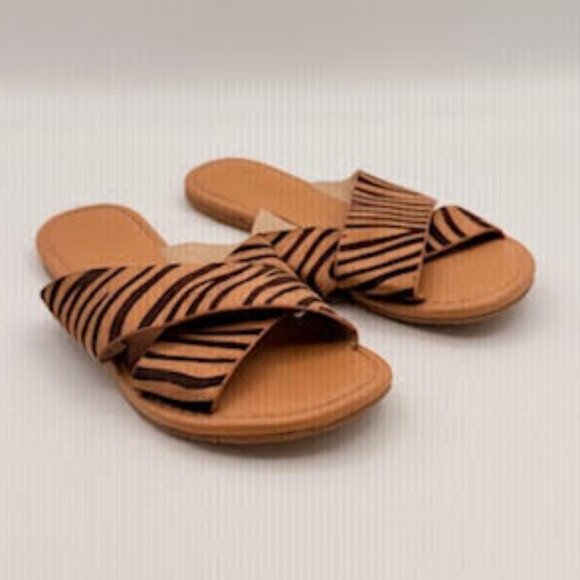 Melrose Ave Zebra Print Crisscross Slide Sandals Tan/Black Women’s Size 7 - Picture 1 of 8
